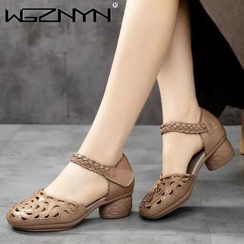 2022,NEW Summer Women's Genuine PU Leather Shoes Woman Retro Hollow Out Sandals Female Hook & Loop Heels Ladies Platform Sandal