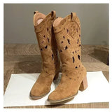 Women Mid-Calf Western Boots Heels Embroidery Hollow Cowboy Boots for Women  Autumn Winter Fashion PU Leather Botas Mujer 2024