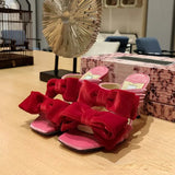 Velvet Bow High Heeled Sandals Women's Open Toe Pre-spring 2024 Fashion New Square Toe Temperament Stiletto Heels