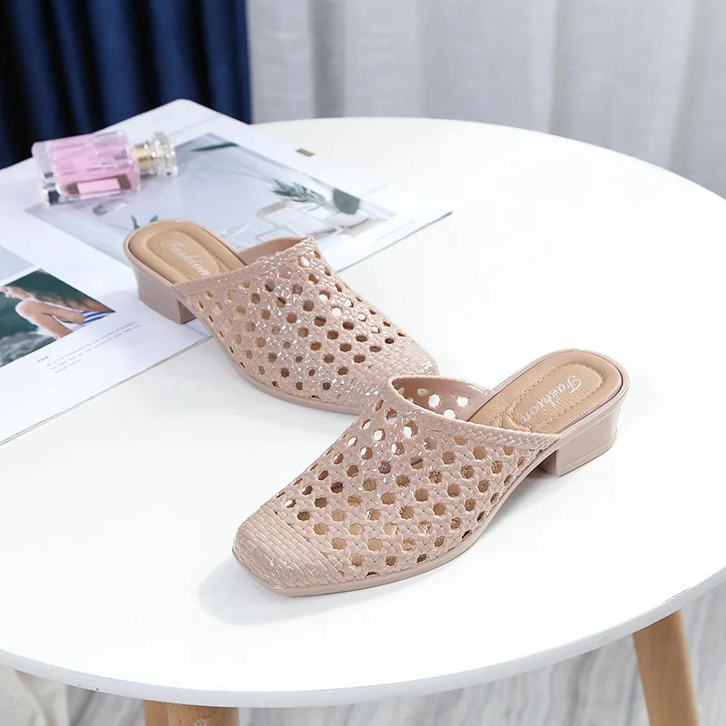 Women Summer Shoes  Offer Casual Slip-on Square Toe Medium Heel Slippers Sandals Woman Beach Shoes Zapatos De Mujer