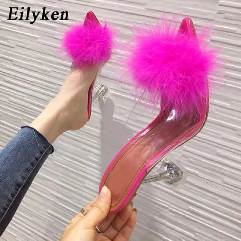 Eilyken Feather Fur PVC Transparent High Heels Woman Slippers Pointed Toe Mules Lady Pumps Slides Stripper White Shoes