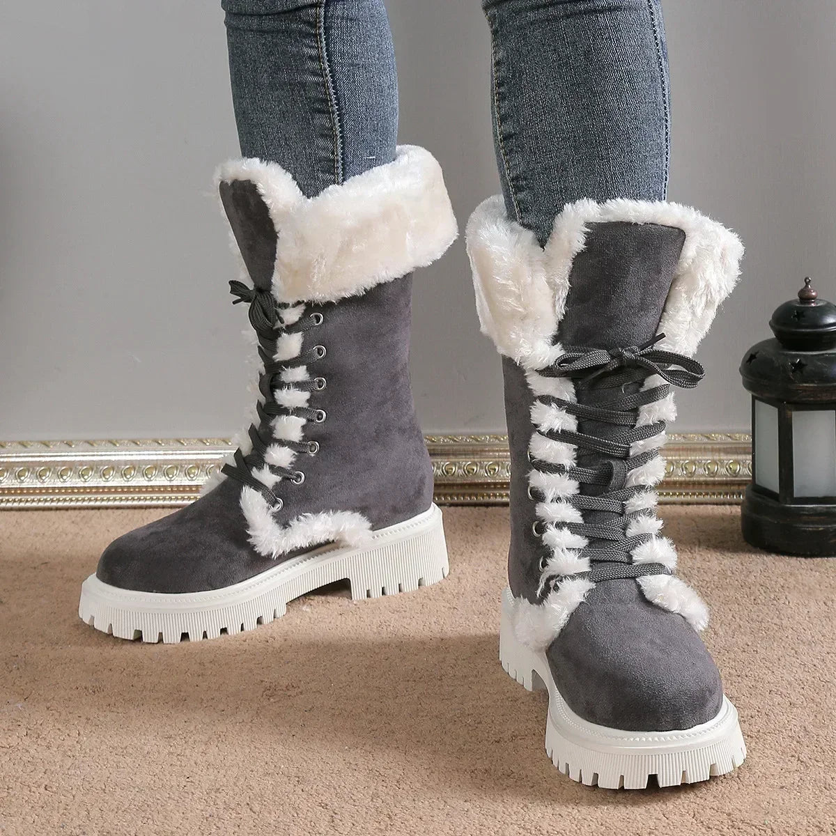 Bottes de neige d'hiver épaisses et moelleuses pour femmes, bottes à plateforme en fourrure, mi-mollet à lacets, chaussures chaudes en coton, 2023