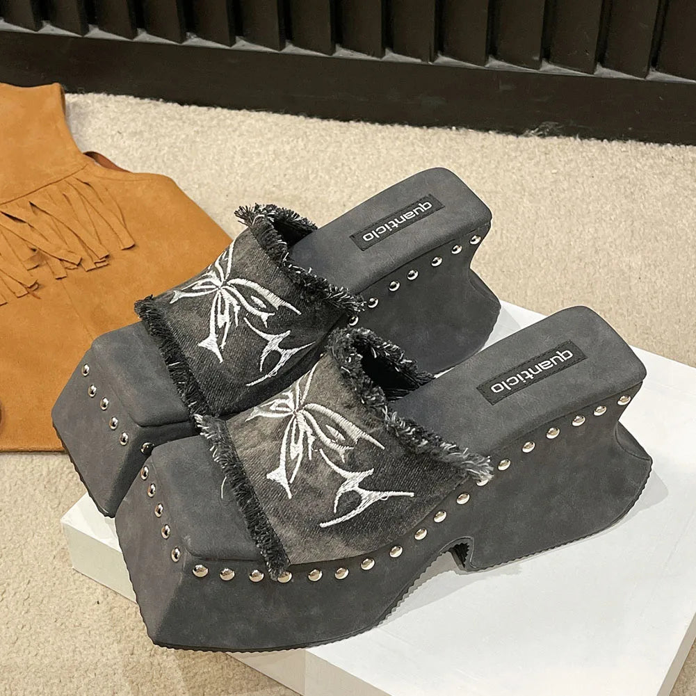 Punk Chunky Heels Mule Shoes Sandals For Women Rivet Platform Slide Sandals Open Toe 2024 Summer Trendy Shoes Street Women Shoes