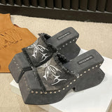 Punk Chunky Heels Mule Shoes Sandals For Women Rivet Platform Slide Sandals Open Toe 2024 Summer Trendy Shoes Street Women Shoes