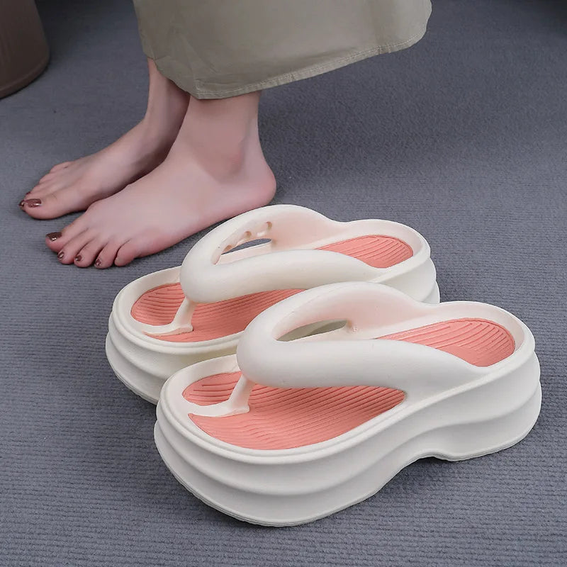 2024 New Elevated Soft Sole Anti Slip Women's Slippers Thick EVA Soft Sole Home Platform One Line Outwear Beach Summer Sandals