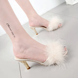 Women Slippers Summer 2022 New Fashion Hairy Stiletto Sandals Slippers Women Word Drag Open Toe Wear High Heel Slippers Women