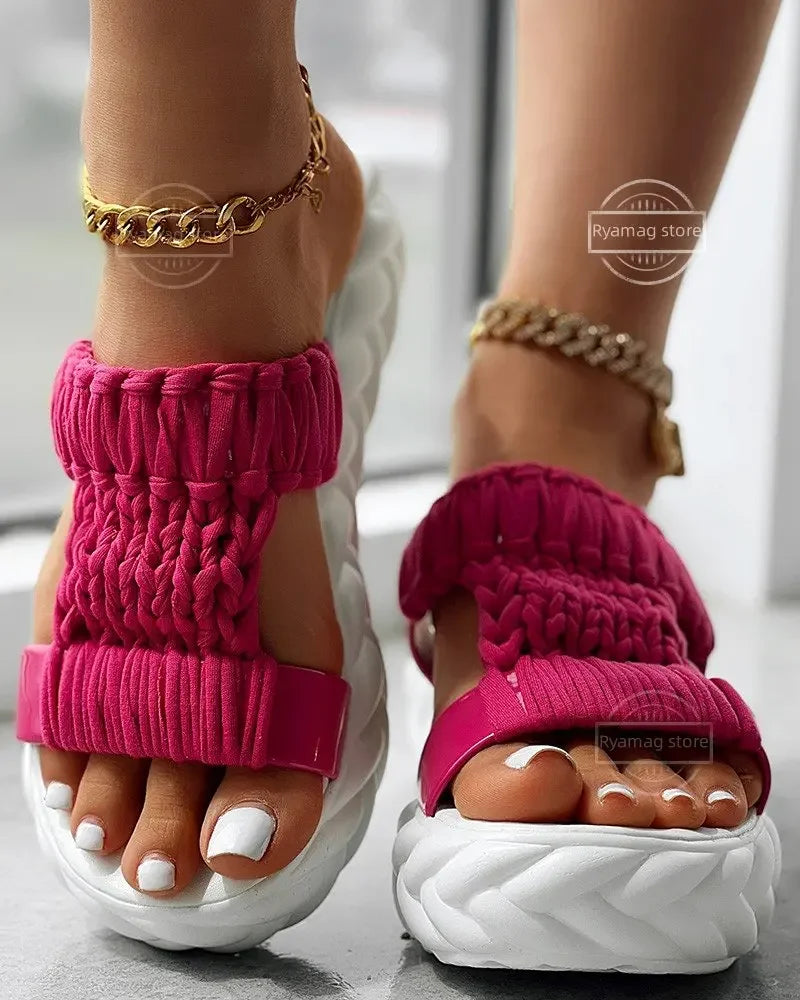 Slippers Women Braided Peep Toe Platform Sandals Summer Gladiator Sandals Shoes Thick Heels Ladies White Sandalias Casual