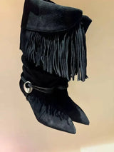 2025 Women's Autumn/Winter New Pointed Wrinkled Fine Heel Tassel Short Boots, Women's Knight Boots, Size 34-44 Medium Boots