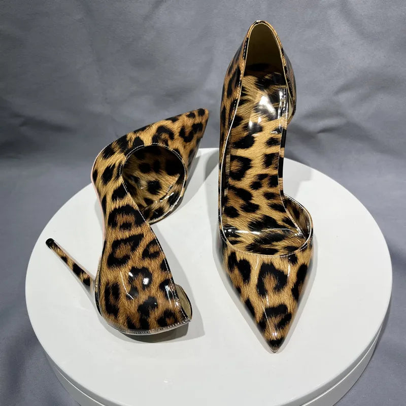 D'Orsay & Two-Piece  All for Leopard Patent Leather Women Pumps 12cm Stiletto High Heels Slip On Party Sexy Shoes Women 44 45