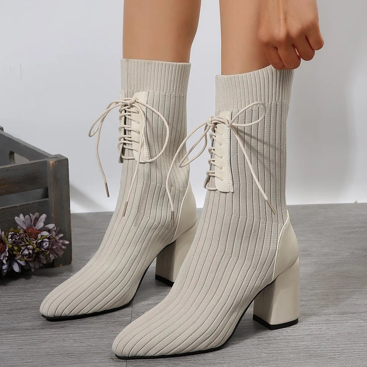 Pointed Chunky Heel Boots Black Surname High Lace-up Knit Sock Boots Plus Size 43 Non-slip Banquet Boots Thigh High Black