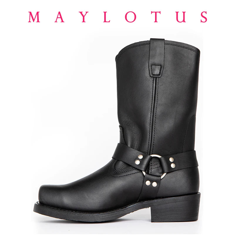 Size 39-48 Luxury Retro Cowboy Boots Men Mid Calf Western Boot Men Pu Leather Man Slip On Shoes Winter Knight Boots Booties