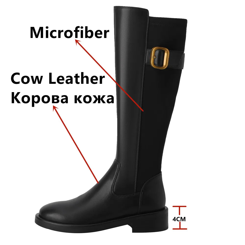 FEDONAS Elegant Women Knee-High Boots Autumn Winter Splicing Genuine Leather Belt Buckle Side Zipper Party Office Shoes Woman