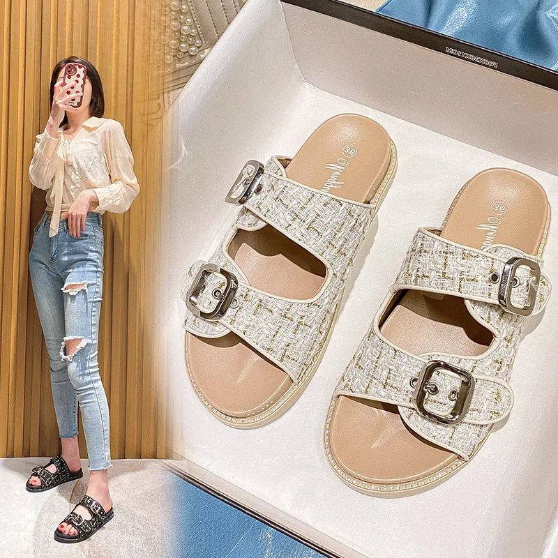 2023 rhinestone crystal buckle slippers women brand design crystal double flip flops female platform slides sandals big size 43
