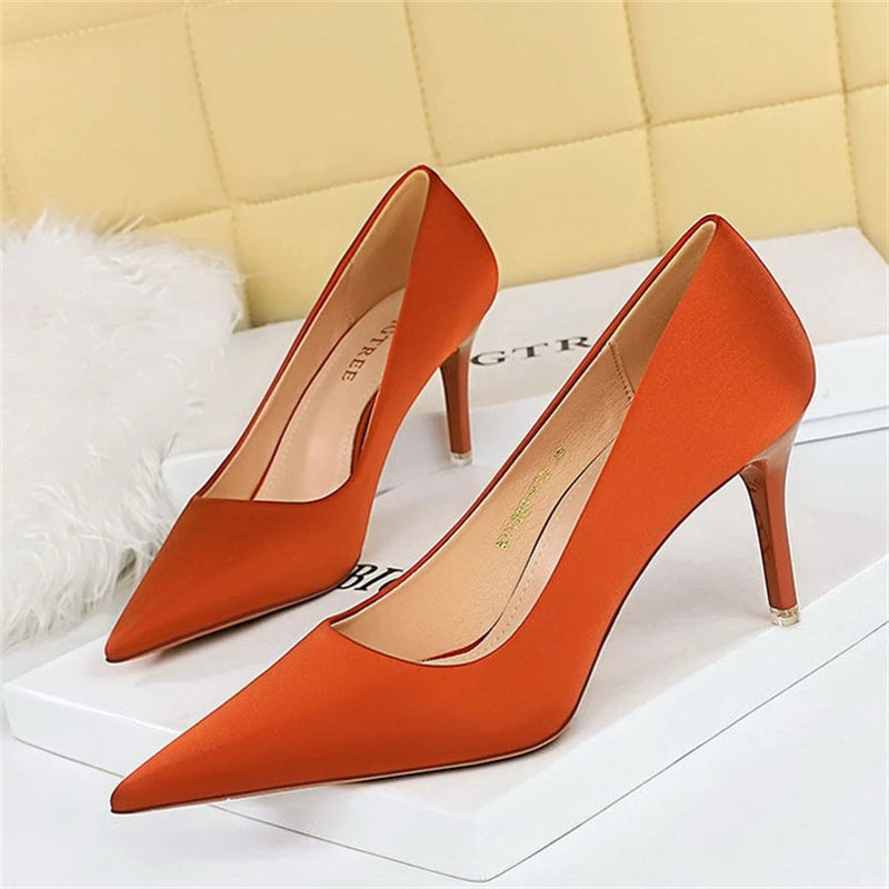 BIGTREE Spring Fashion Simple Matching High Heels Slim Heels Shallow Mouth Pointed Party Stripper Satin Women's Sngle Shoes