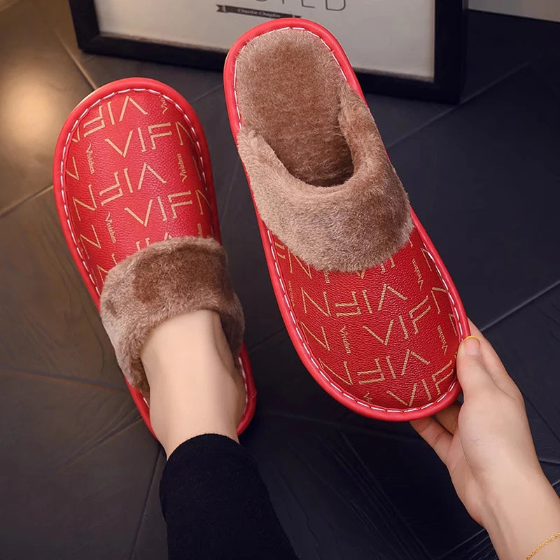 Cotton slippers for winter warmth soft and thick soled indoor home couple men and women PU leather cotton shoes