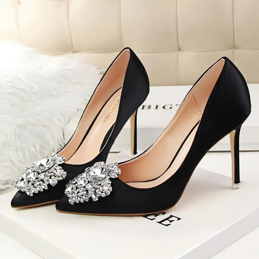 Women 10cm High Heels Sexy Rhinestone Green Pink Gray Pointed Toe Pumps Lady Silk Satin Escarpins Elegant Wedding Evening Shoes