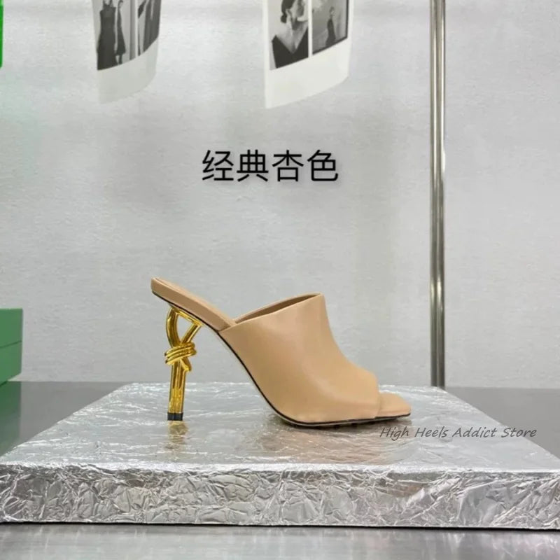 2024 Runway New Square Toe Leather Slippers Strange Style High Heels Colorful Mules Women's Luxury Designer Party Brand Shoes