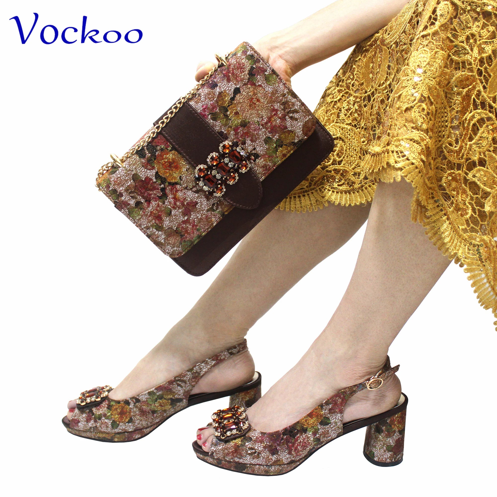2024 Mature Style High Quality Comfortable Heels Italian Women Shoes and Bag Set with Shinning Crystal in Yellow Color