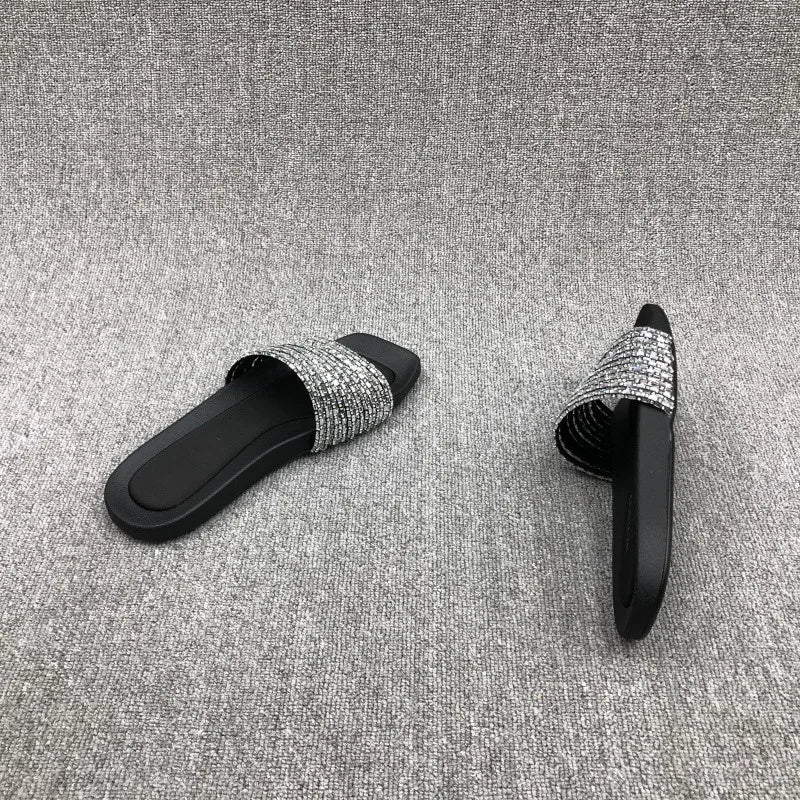 2023 Summer Fashion New Sexy Casual Outerwear Solid Color Crystal Flat Slippers Comfortable Sandals Zapatos Mujer