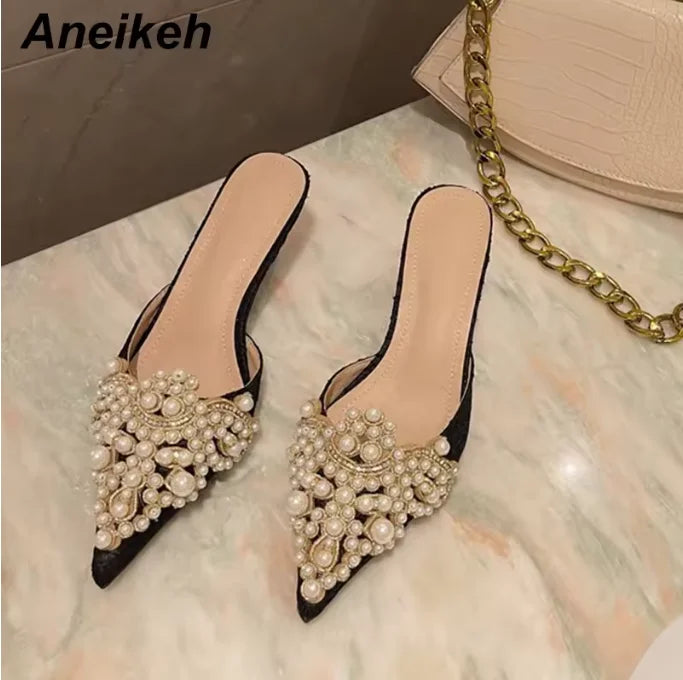 Aneikeh Spring/Autumn Fashion Sexy Women Shoes Elegant String Bead Crystal Patchwork Slip-On 35-42 Thin Heels Slipper NEW 2025
