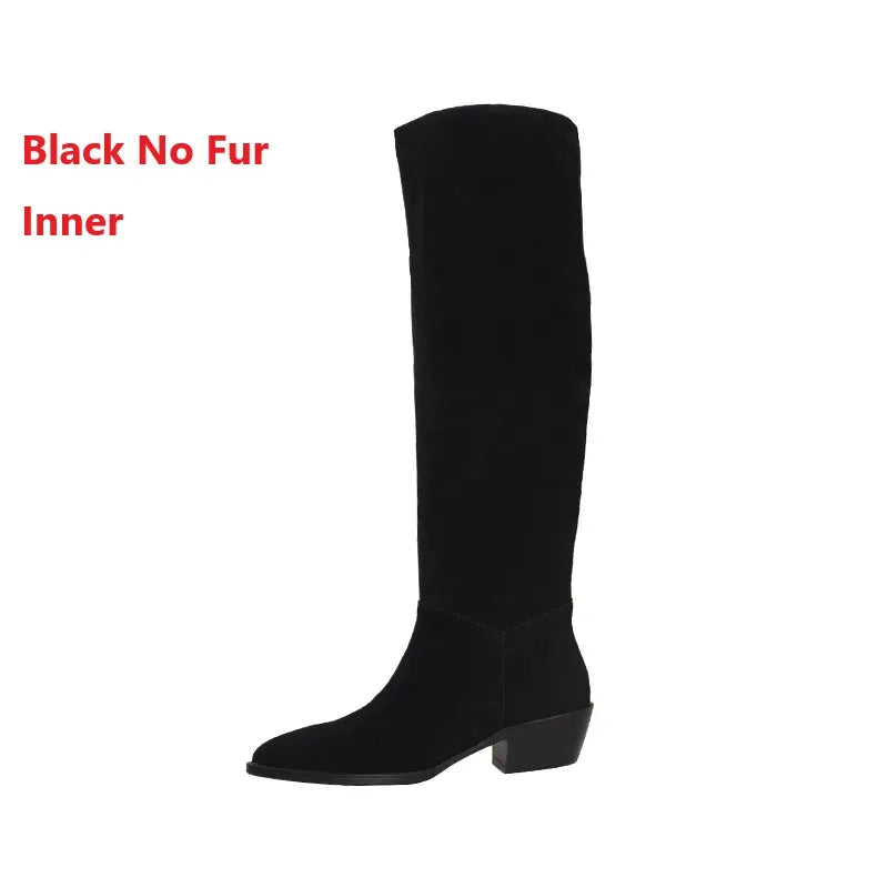 Cow Suede Daily Botas Pointed Toe Spring Autumn Woman Boots Cowgirls Western Boots Woman Slip On Simple Pleated Mid-Calf Shoes