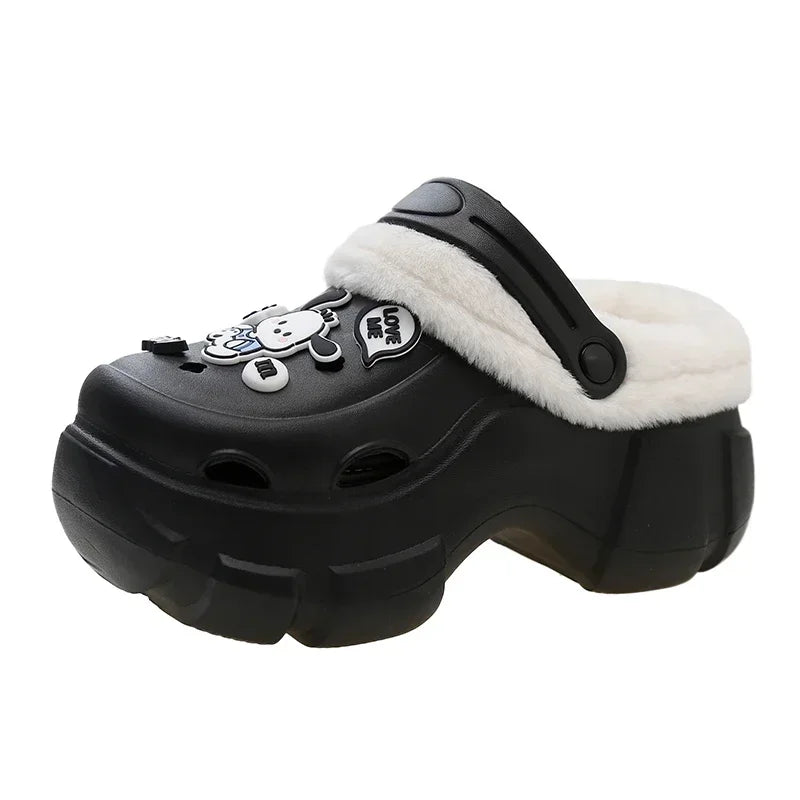 Winter Women's Closed Toe Plus Velvet Platform Slippers Keep Warm Increase Height Casual Clogs Shoes for Women Home Cotton Shoes