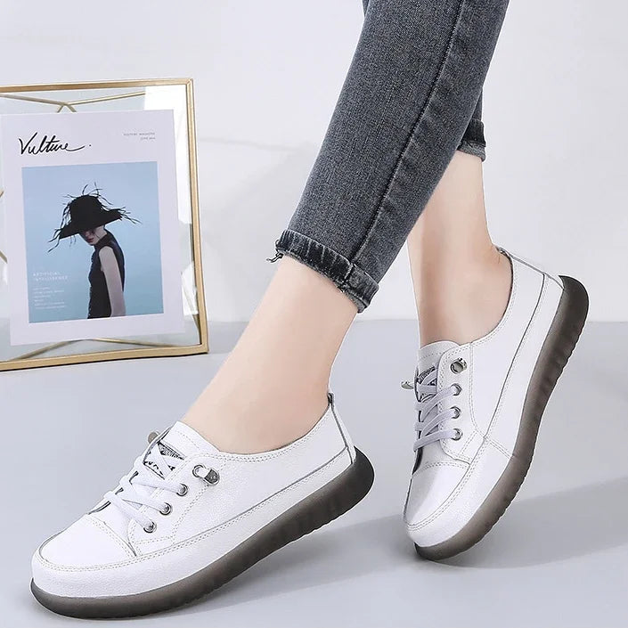 Chaussures de marche vulcanisées en cuir véritable à semelle souple pour femmes, baskets de jogging plates pour l'été, chaussures de fitness