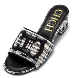 CH middle heel square heel slippers fabric fashion casual shoes luxury brand slippers girls street commuter slippers