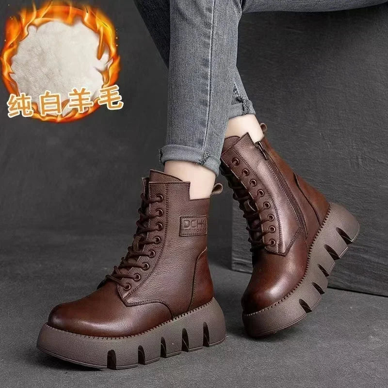 Short Plush 2024 Winter Female Ankle Boots Genuine Leather Cotton Boots Thick-soled Padded Women Shoes Warm Snow Boots Female