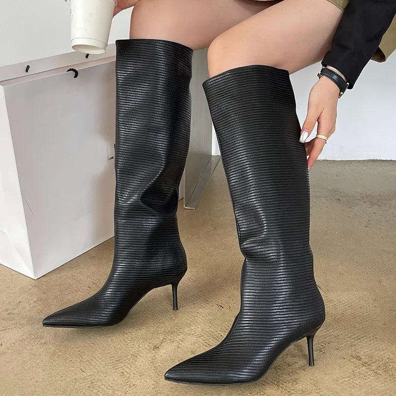 2025 New Fashion Low Heel Ladies Modern Western Boots Autumn Spring Pointed Toe Long Women Knee High Boots Female Pumps Shoes