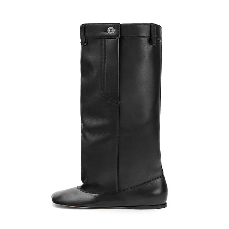 Arden Furtado 2024leather Height Increasing Knee high boots Square toe Slip-on Low heel Large tubular thigh high boots wide calf