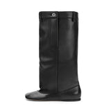 Arden Furtado 2024leather Height Increasing Knee high boots Square toe Slip-on Low heel Large tubular thigh high boots wide calf