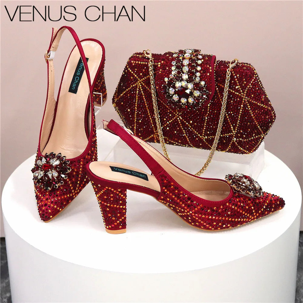 High Quality Designer Shoes and Bags Matching Set Decorate with Rhinestone Women Shoes High Heel Luxury Shoes Women Designer