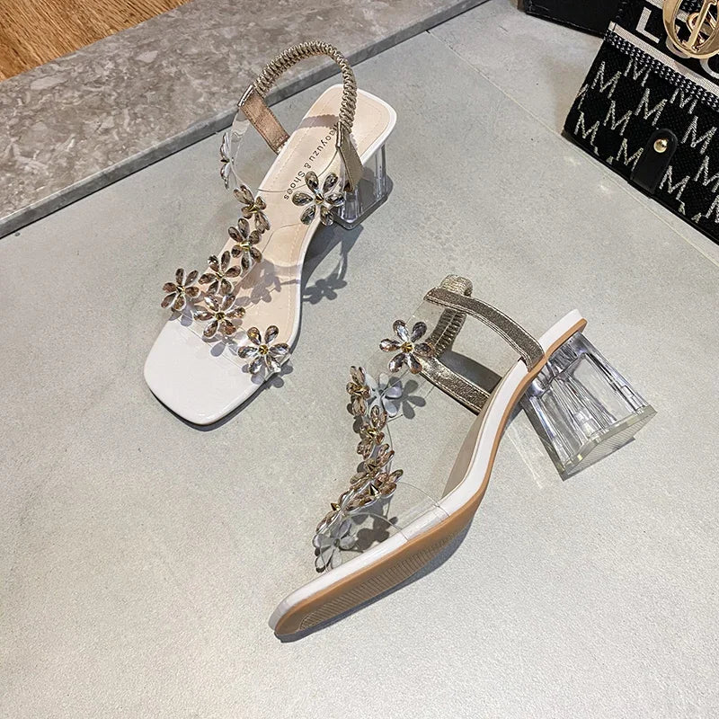 High-heeled Sandals Women's 2022 Summer New Style Fashion Small Flower Decoration Buckle Transparent Square Heel Women's Shoes