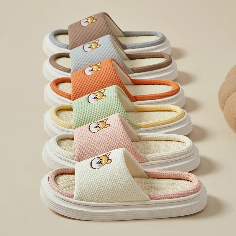 Platform Slippers Women Home Cartoon Animals Cute Designer Shoes Girls 2024 New Casual House Linen Slides Flats Indoor Open Toe