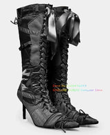 Nude and Pink Stain Knee High Boot Women Pointy Toe Eyelet Ribbon Decorative Laces Up Side Zipper Low Heel Girl Ballet Shoes