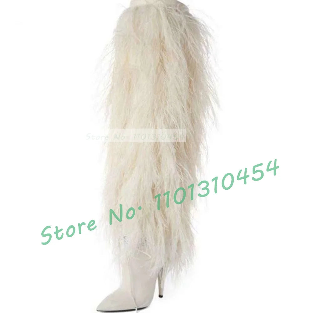 Black Fur Knee-length Boots Women Sexy Pointy Toe High Heels Furry Suede Shoes Outfit Ladies Trendy Party Warmly Winter Shoes