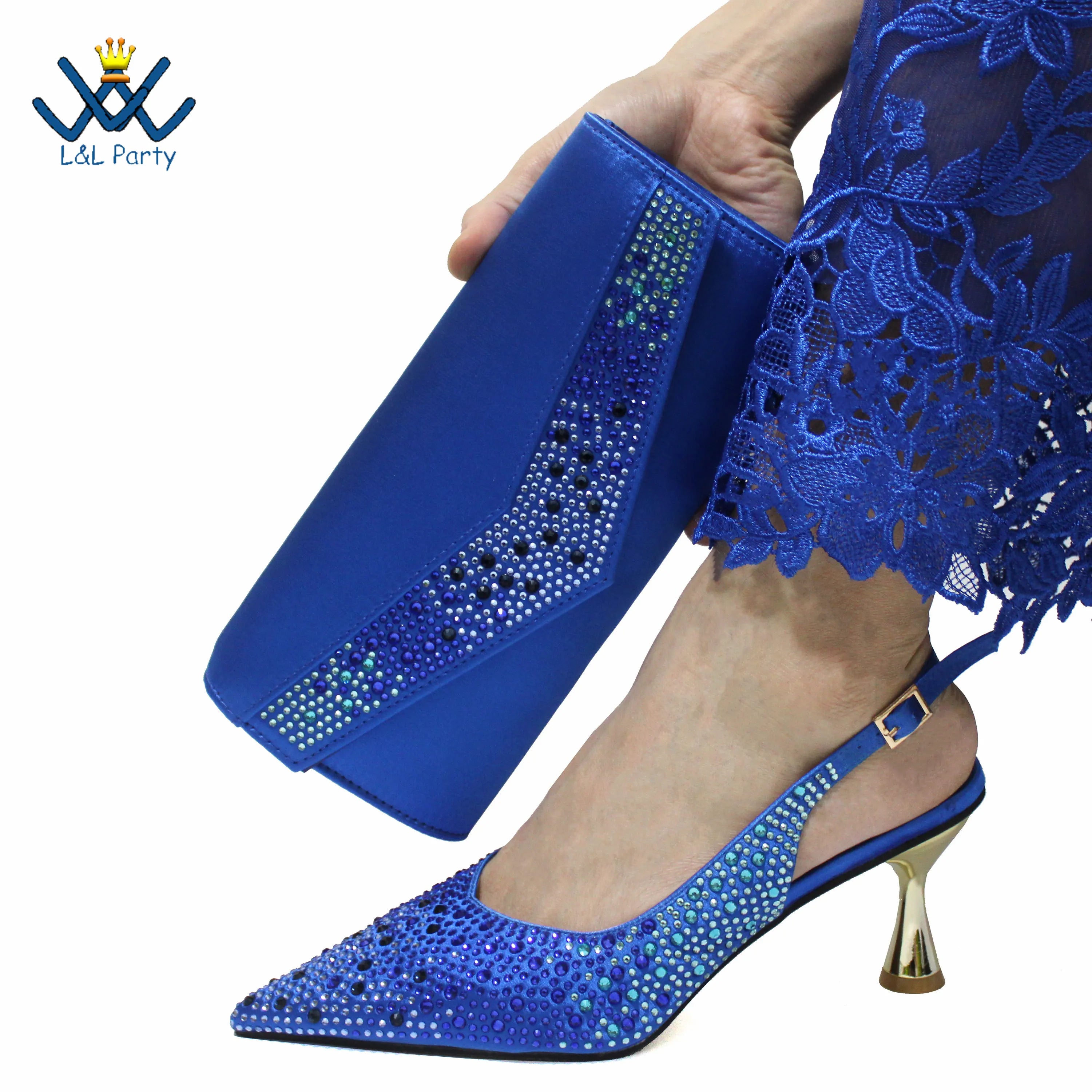 Coffee Color Fashion Italian Women Shoes and Bag Set High Quality New Full Shinning Crystal Slingbacks Pumps for Wedding