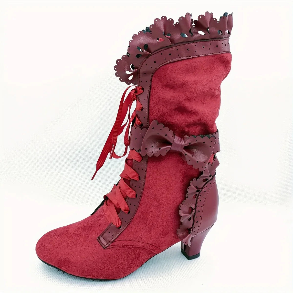 Autumn Winter Vintage Women Victorian Boots Lace Up High Heel Bootie Ruffle Trim Lolita Princess Cosplay Tea Party Costume Shoes