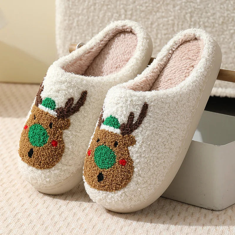 New Winter Christmas Sandals Adult Warm Indoor Bedroom Slippers Women Comfortable Non-slip Slides Men Home Soft Plush Flip Flops