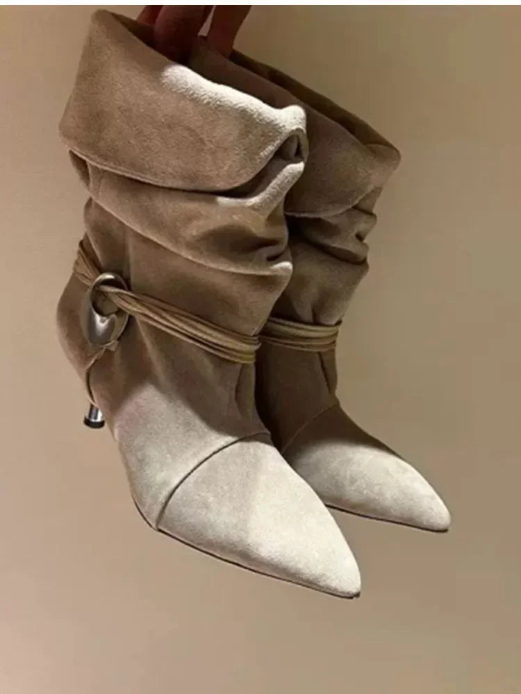 Autumn and Winter New Women's Slim Heel Short Boots, European and American Fashionable Pointed Low Heel Plus Ankle Boots