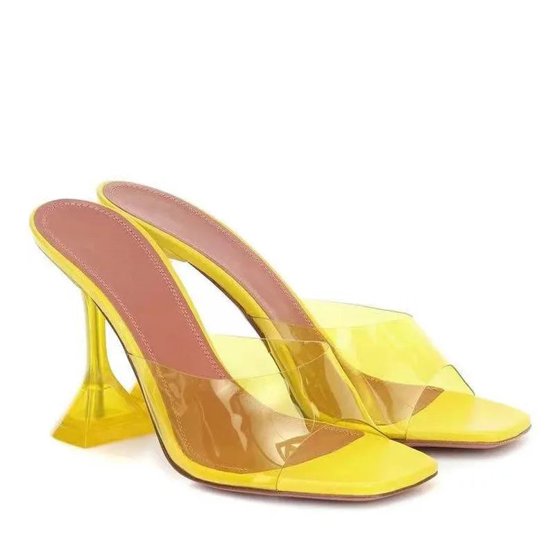 Star style Transparent PVC Women Slippers Fashion Square toe Cup heeled Summer Female Mules Slides High heels Sandals Shoes