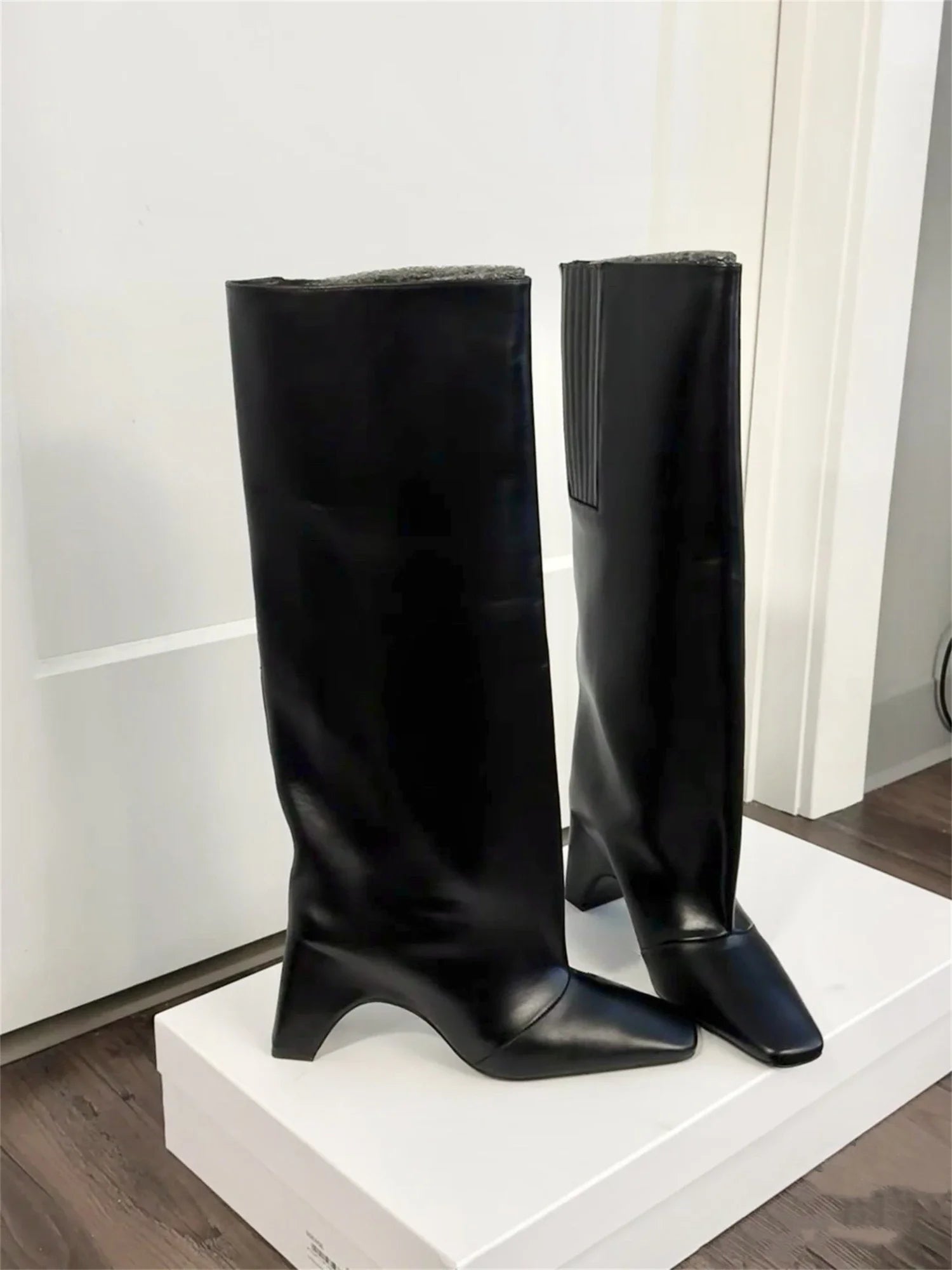 Rubber Bridge Knee High Boots Santiago Black Red White Silver Artificial Leather New Square Toes Fall Luxury Brand Women's Boots