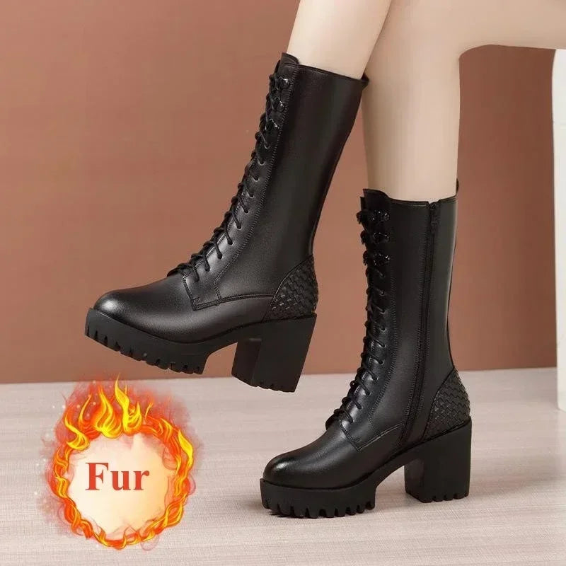 8cm 10cm Small Size 32-43 Genuine Leather Boots Womens Platform Shoes with Fur 2024 Block High Heels Mid Calf Boots Office Model