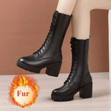 8cm 10cm Small Size 32-43 Genuine Leather Boots Womens Platform Shoes with Fur 2024 Block High Heels Mid Calf Boots Office Model