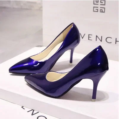 New Solid Color Pumps Women High Heel Shoes Female Fashion Patent Leather Sexy Pointed Toe Thin Heel Wedding Shoes Size 44