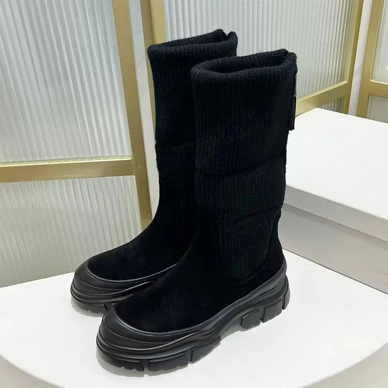 Luxury Thick Sole Motorcycle Boots Women Round Toe Flat Platform Shoes Women Cow Suede Patchwork Knit Mid Calf Boots Woman