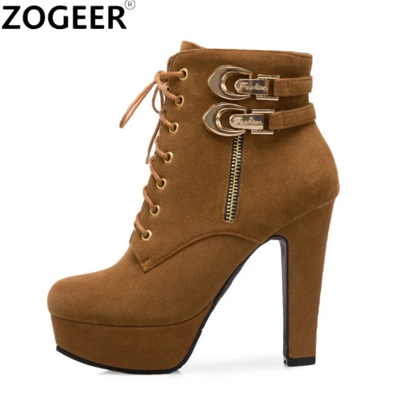 Fashion Women's Ankle Boots High Heeled Platform Short Boot Female Buckle Flock Zipper Gray Ladies Party Shoes Large Size 50