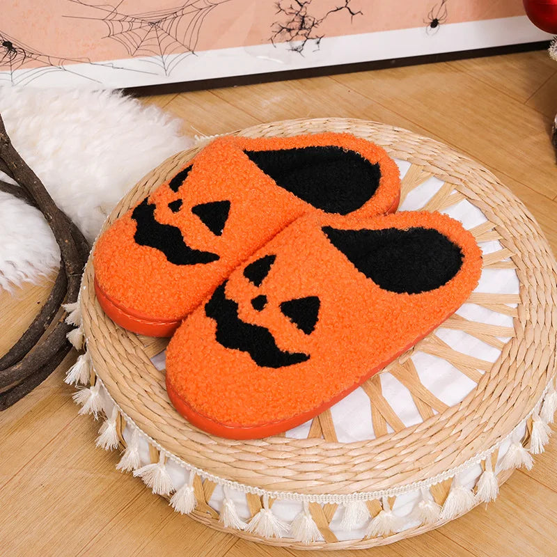 Cozy Halloween Pumpkin Slippers Women Soft Plush Non Slip Indoor Cotton Slides Woman Keep Warm Comfortable Winter House Slippers