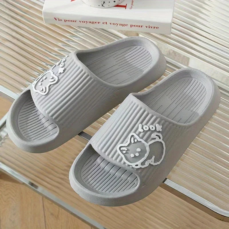 Fashion Summer Women's SLippers Chic Cartoon Kawaii Cat Print Slides Slip-on Bathroom EVA Flat Heel Indoor Cute Shoes